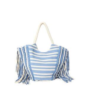 Boho Macrame Stripe Fringe Woven Southwestern Rope Handles Beach Open Tote Bag